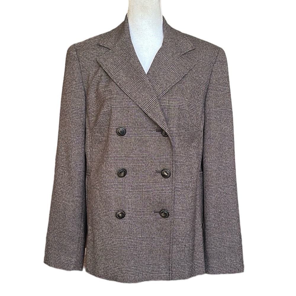 Larry Levine For Dressbarn Brown Check Plaid Double Breasted Blazer Size 14